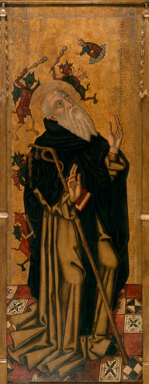 A démonok által gyötört Nagy Szent Antal megkísértése - Démonok által gyötört Szent Antal apát - Joan Desi festménye (aktív 1481-1520) - c. 1500 – Olaj, fa – Museu Nacional d