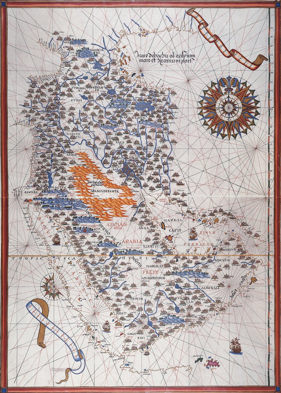 Az Arab-félsziget térképe szélrózsával, valamint a kikötők és a tenger partjainak részleteivel, Atlas de Joan Martinesben alkotó: Joan Martines