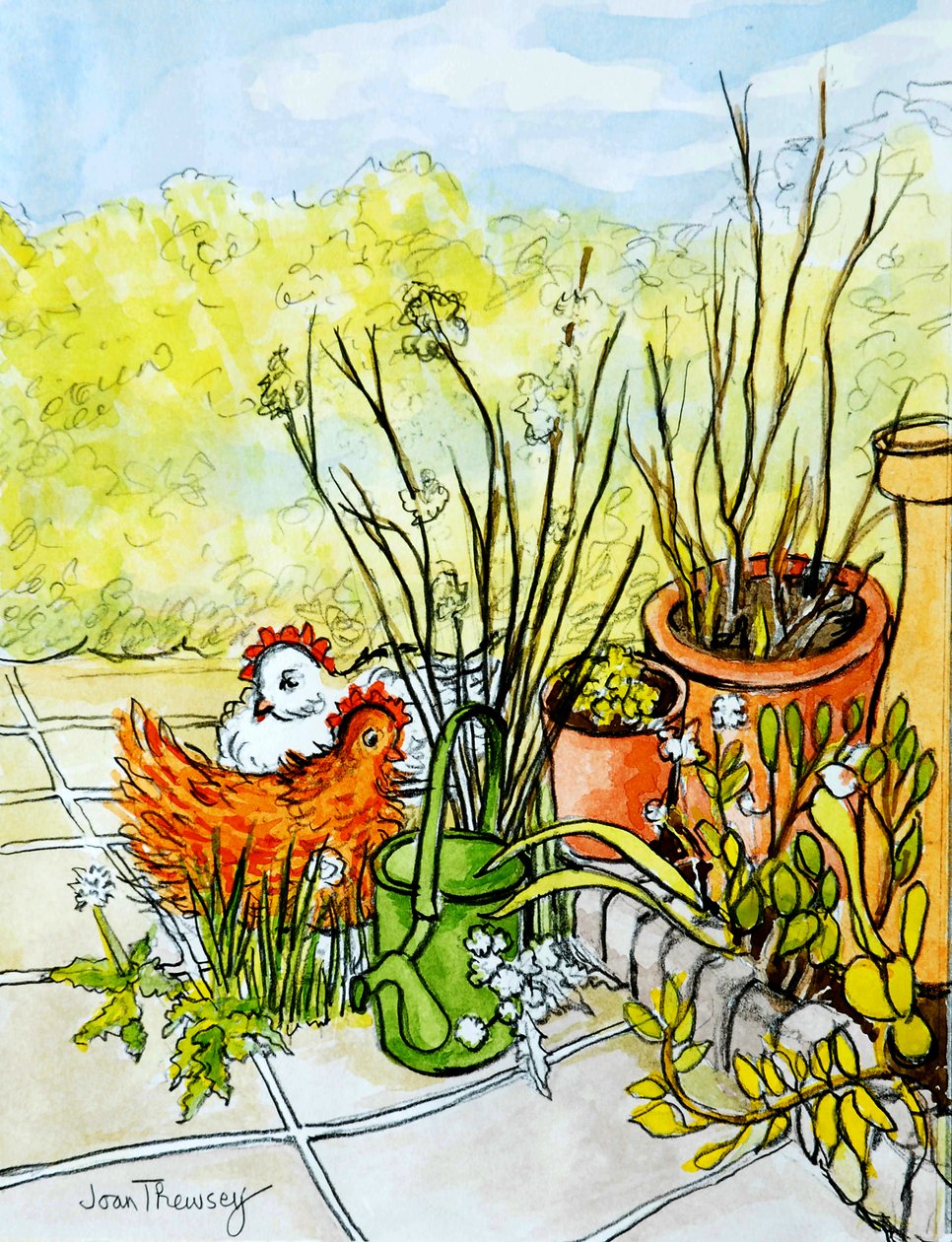 Tyúkok és cserepek, Lucy Redman Open Garden, 2000, (ceruza vízfestékkel) alkotó: Joan Thewsey