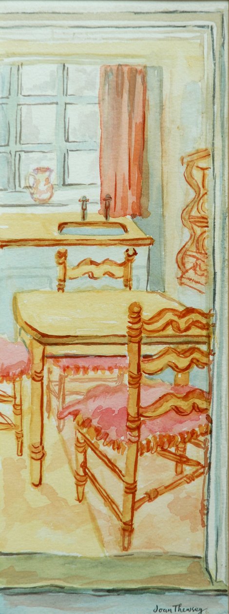 Red Cottage Kitchen, Suffolk, 2000, akvarell, kézzel készített papíron alkotó: Joan Thewsey