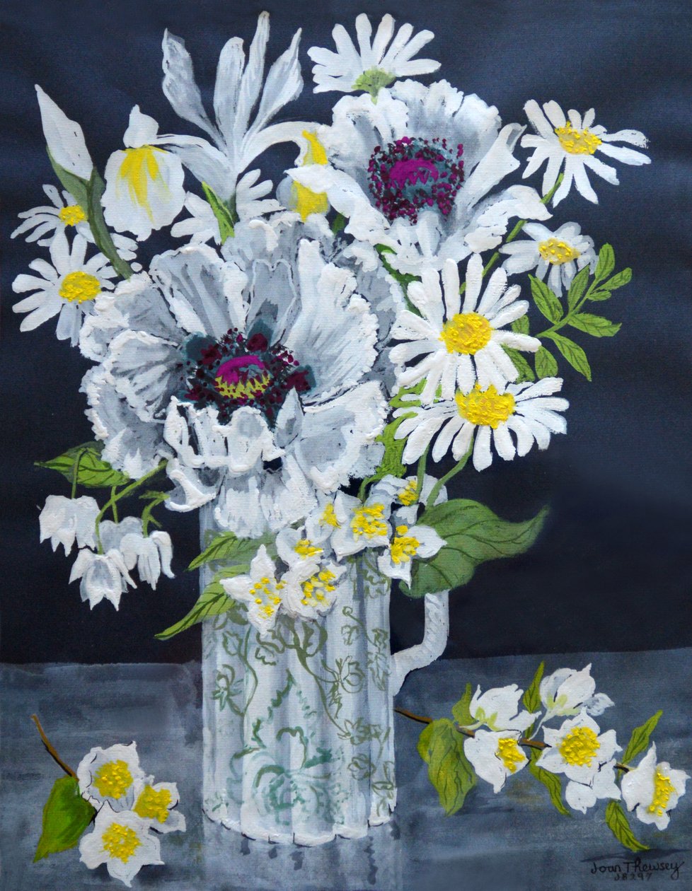 Fehér pipacsok, Marguerites és Philadelphus, (guache) alkotó: Joan Thewsey