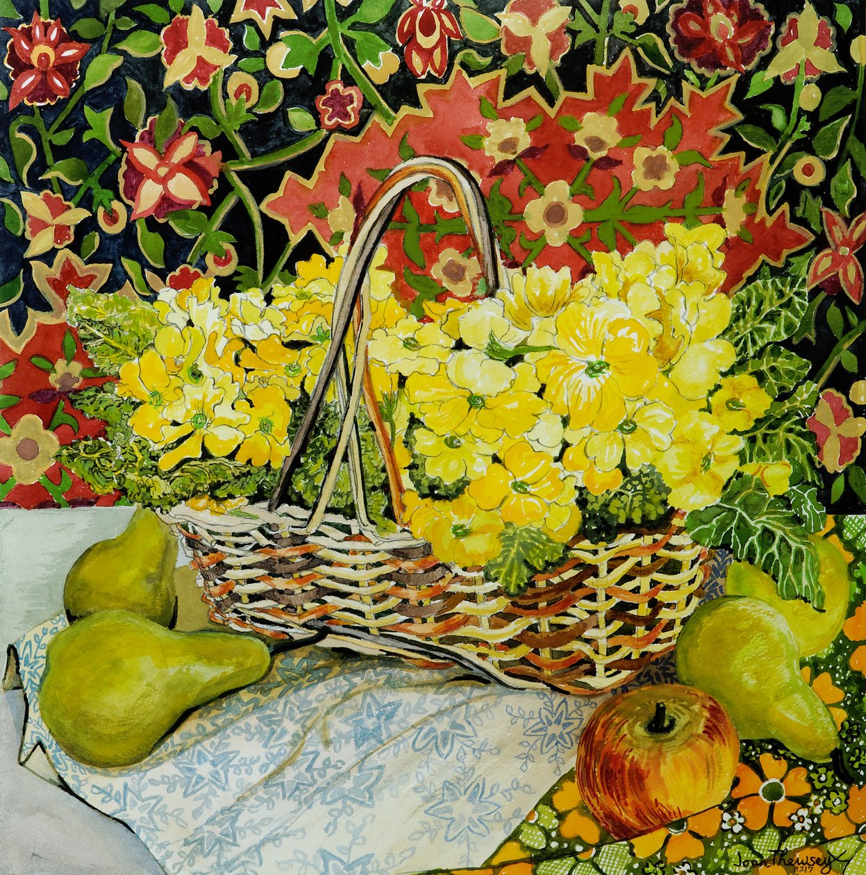 Sárga kankalin kosárban, gyümölccsel és textíliákkal, 2010. akvarell alkotó: Joan Thewsey