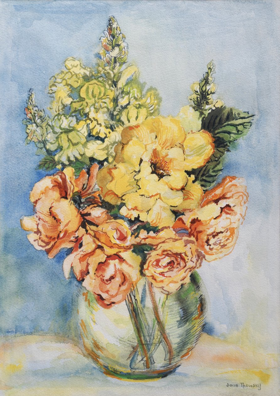 Yellow Roses and Antirrhinums, 2001, (wc kézzel készített papíron) alkotó: Joan Thewsey