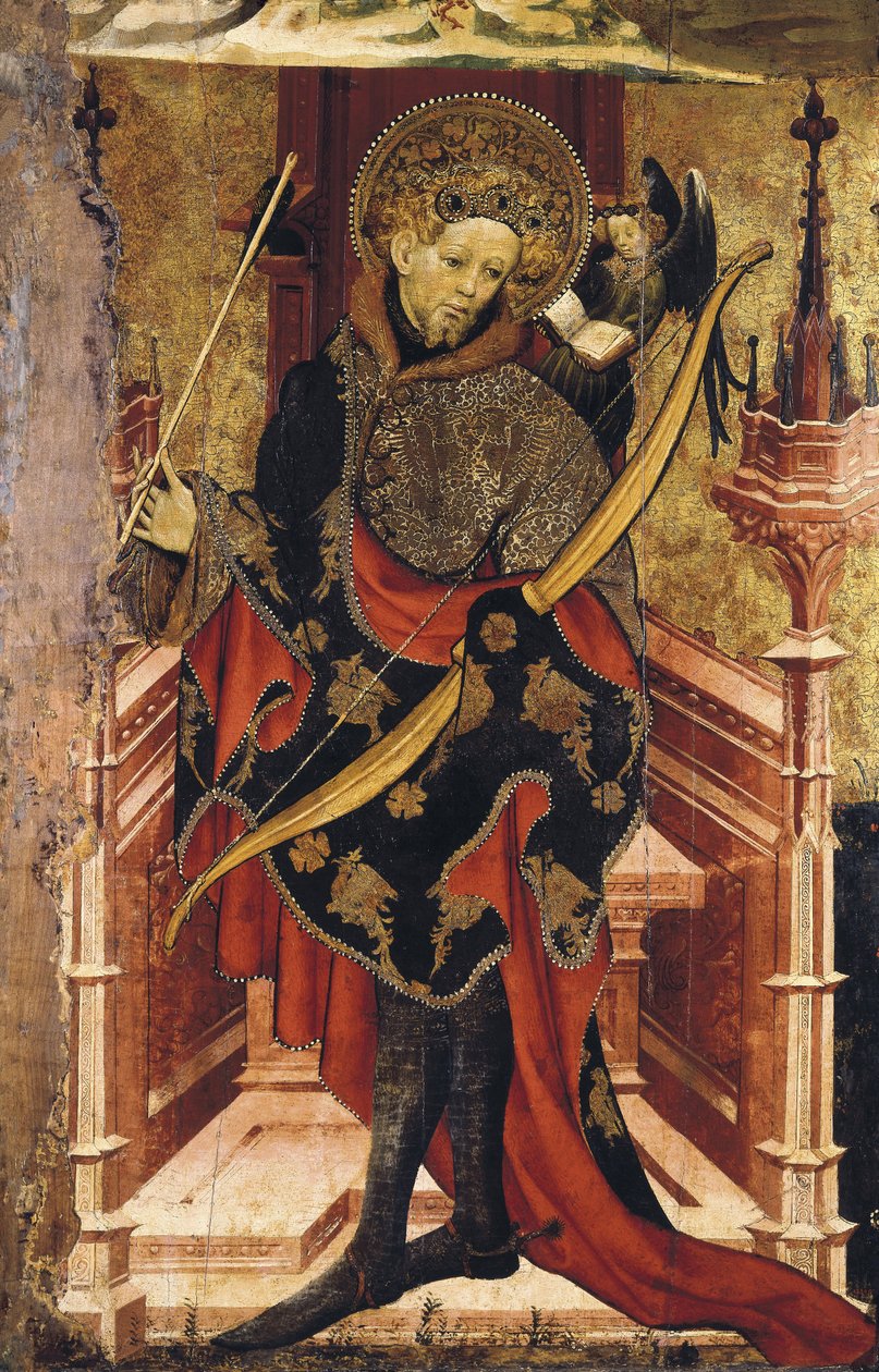 Szent Sebestyén és a keresztre feszítés. 1417-25 körül (tempera fán) alkotó: Joan or Juan Mates