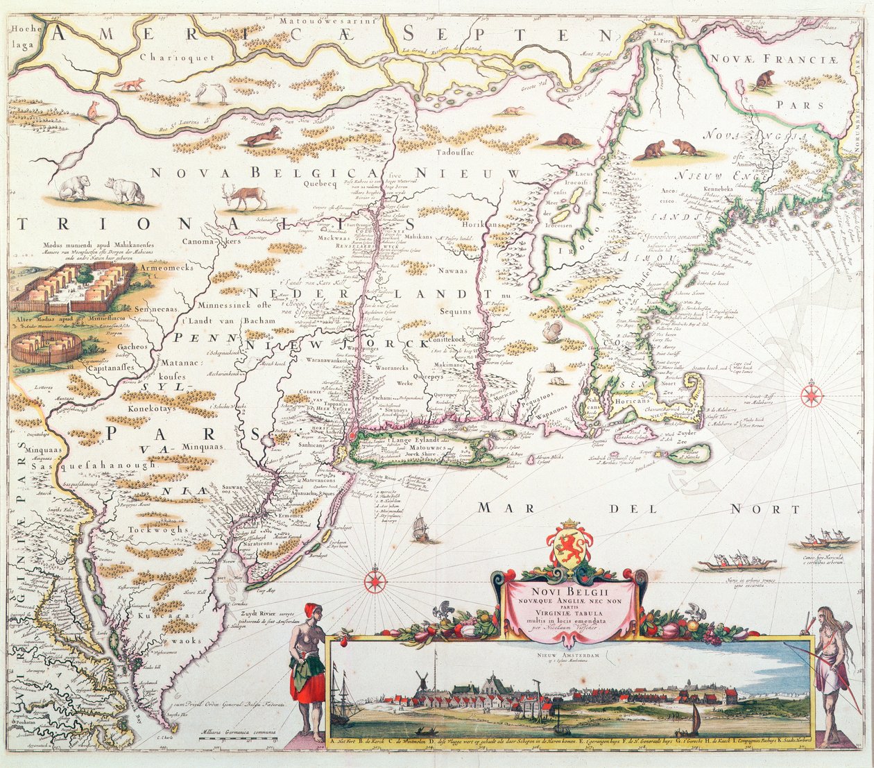 Új Belgium térképe új Amszterdam látképével, összeállította: Nicolaes Visscher (1618-1709) c.1651-55 (kézzel színezett metszet) alkotó: Joannes Jansson