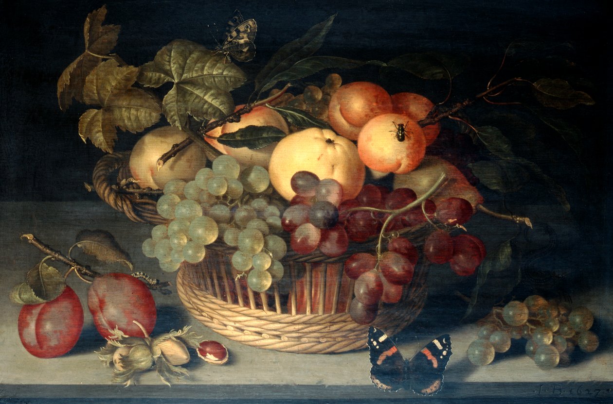 „Gyümölcskosár és admirális pillangó a kőasztalon”, 1610. alkotó: Joannes Busschaert