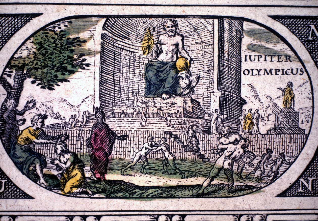 Az ókor hét csodájának ábrázolása: Jupiter (Zeusz) szobra Phidiastól - Jansson Jannsonius "Az atlaszában", amelyet Amszterdamban nyomtattak 1630-ban alkotó: Joannes Jansson