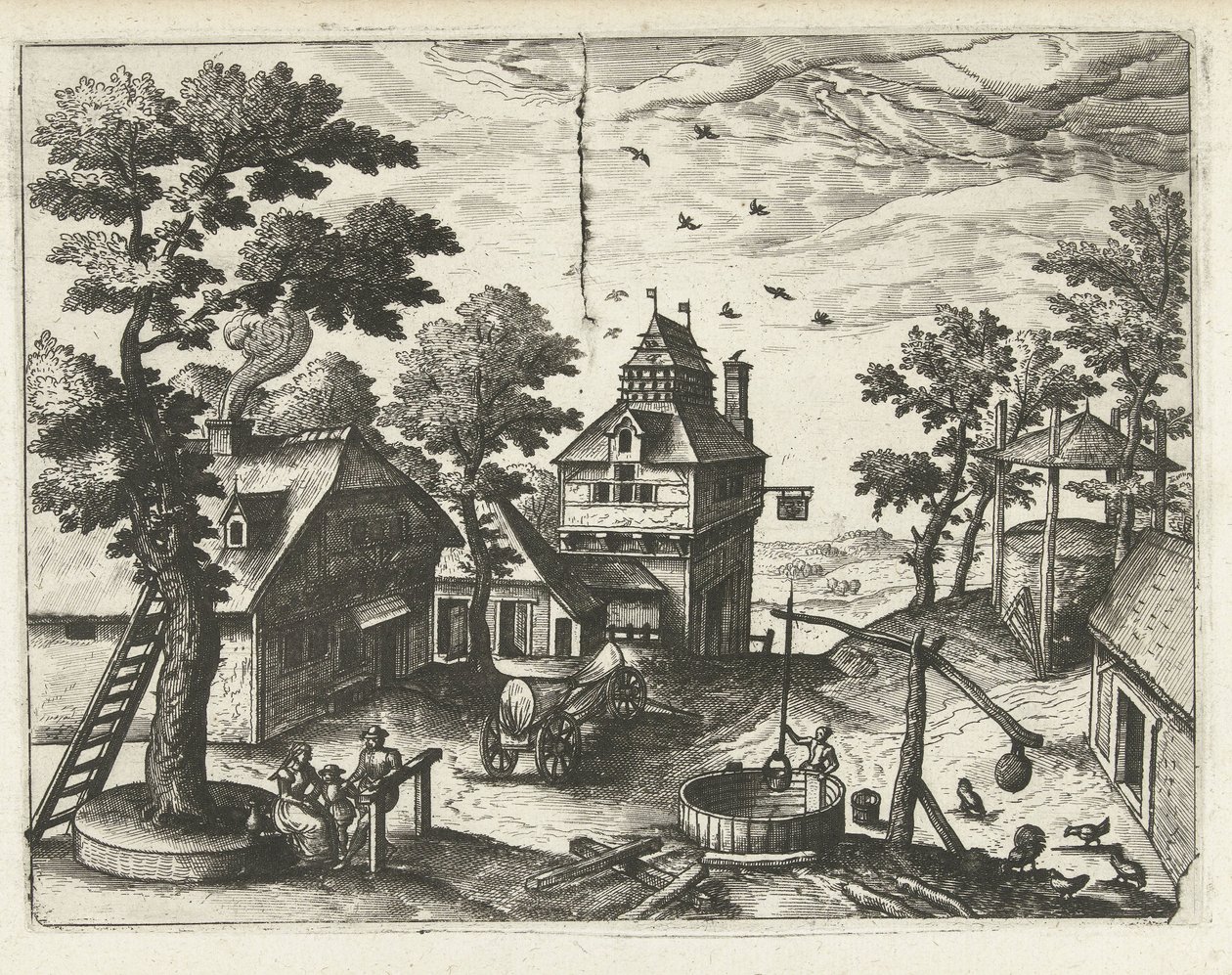 Fogadó kúttal Tájképek, tengeri tájak és ötletes városképek (sorozat címe) alkotó: Joannes van Doetechum (I) (attributed to)