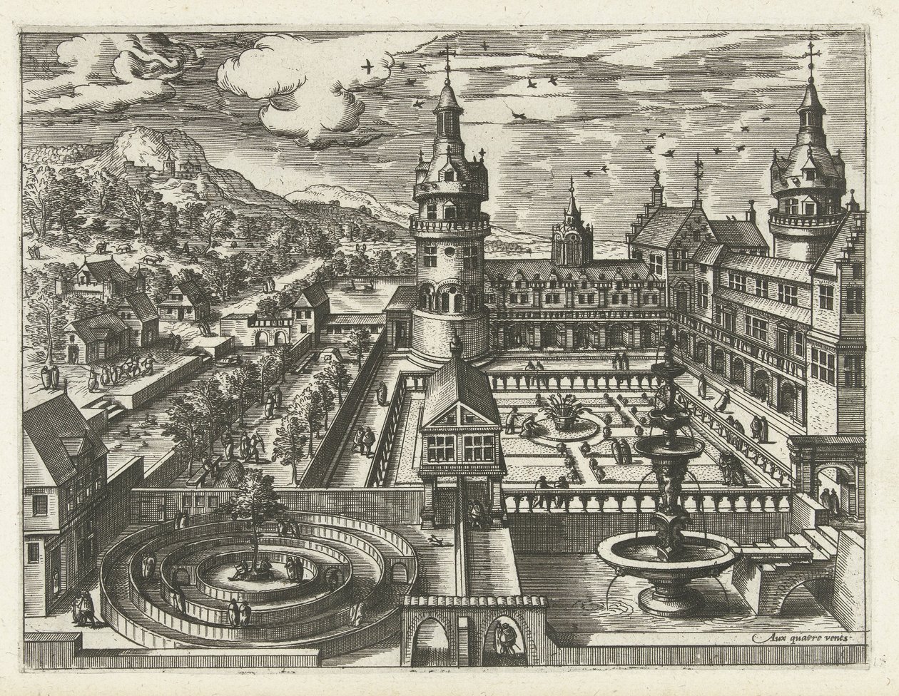 Kastély labirintussal és szökőkúttal Tájképek, tengeri tájak és ötletes városképek (sorozat címe) alkotó: Joannes van Doetechum (I) (attributed to)