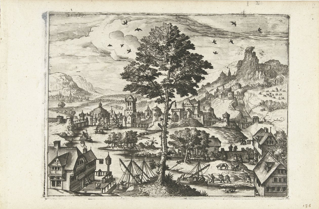 Táj egy várossal a folyón Tájképek, tengeri tájak és ötletes városképek (sorozat címe) alkotó: Joannes van Doetechum (I) (attributed to)