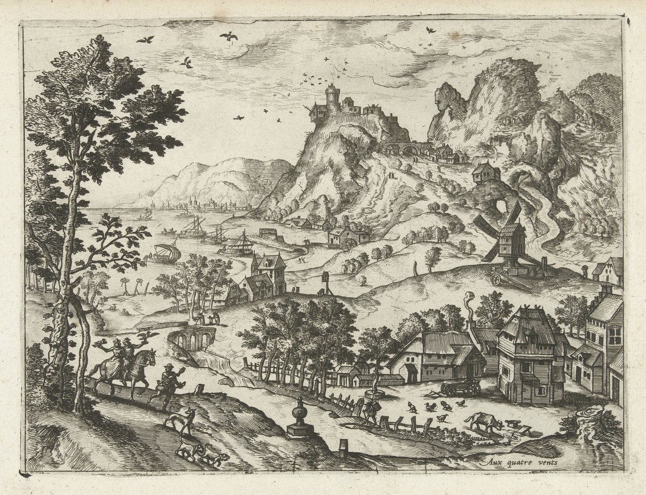 Táj solymászattal Tájak, tengeri tájak és ötletes városképek (sorozat címe) alkotó: Joannes van Doetechum (I) (attributed to)