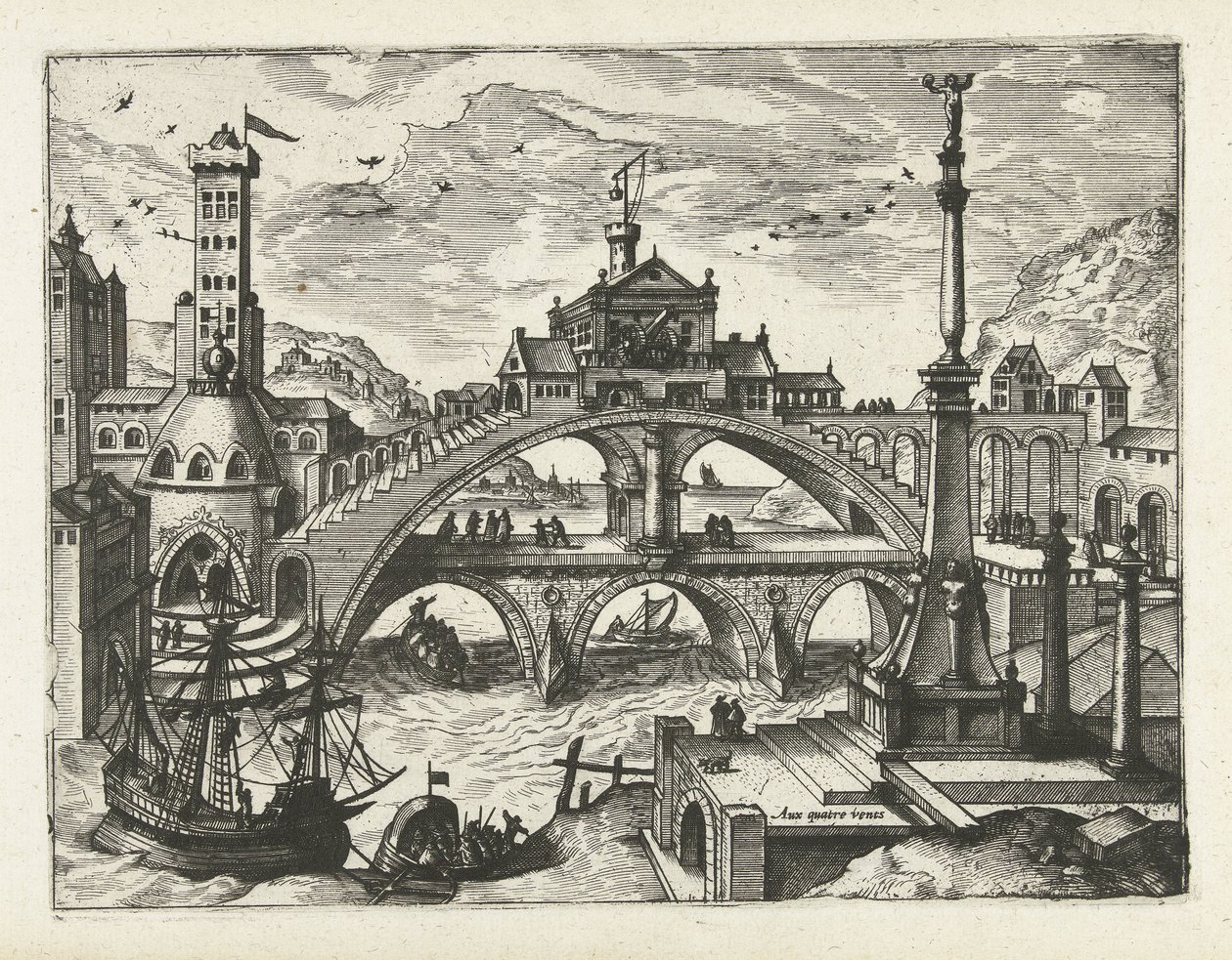 Város épített híddal Tájképek, tengeri tájak és ötletes városképek (sorozat címe) alkotó: Joannes van Doetechum (I) (attributed to)