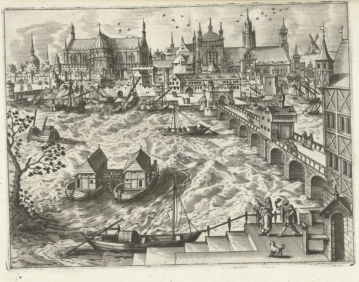Városkép híddal és kikötővel Tájak, tengeri tájak és ötletes városképek (sorozat címe) alkotó: Joannes van Doetechum (I) (attributed to)