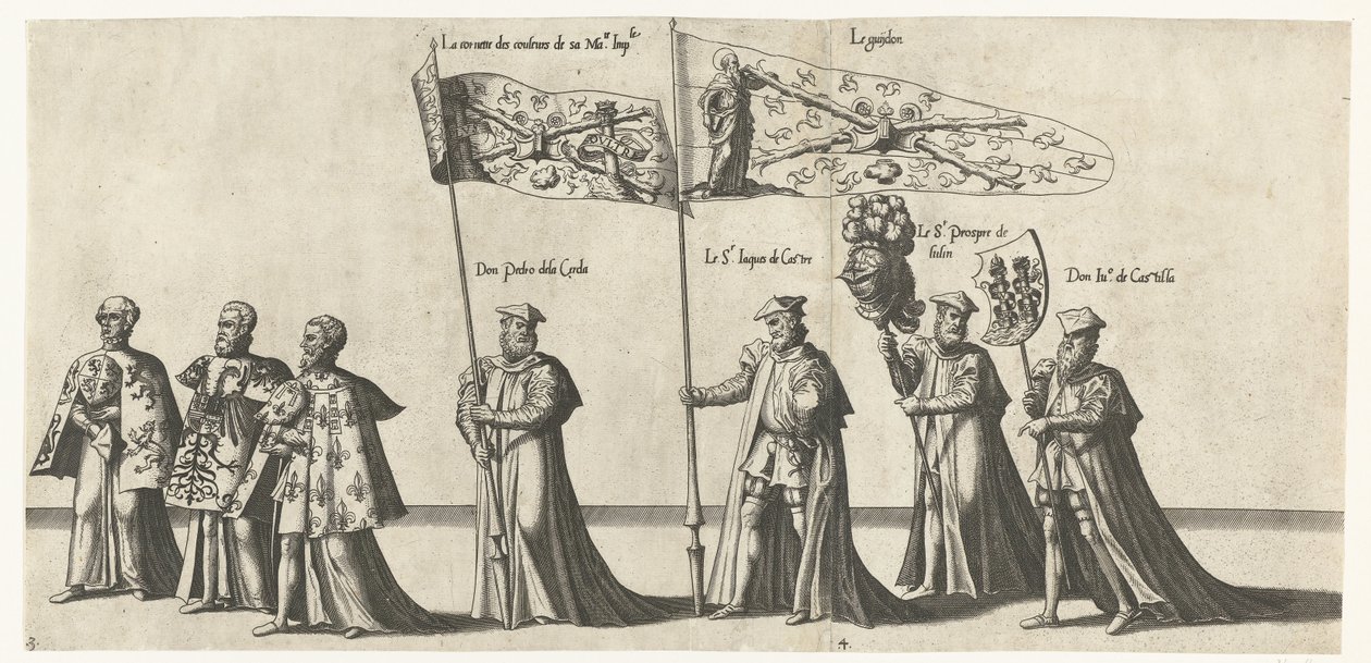 Deel van de optocht, nr. 3 a 4-ben Begrafenisoptocht van Keizer Karel V, 1558 (sorozat címe) A csodálatos és fényűző temetkezési pumpa, amelyet a nagyon nagy és nagyon győztes Ötödik Károly császár temetésén és temetésén adtak elő, amelyet Bru városában ün alkotó: Joannes van Doetechum (I)