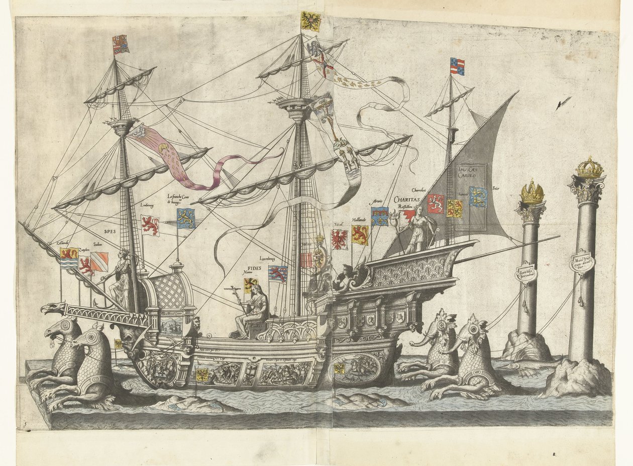 Het schip Victoria, nr. 5 Begrafenisoptocht van Keizer Karel V, 1558 (sorozat címe) A csodálatos és fényűző temetkezési pumpa, amelyet a nagyon nagy és nagyon győztes Ötödik Károly császár Obseques és temetésén adnak elő, amelyet Brüsszel városában ünnepel alkotó: Joannes van Doetechum (I)