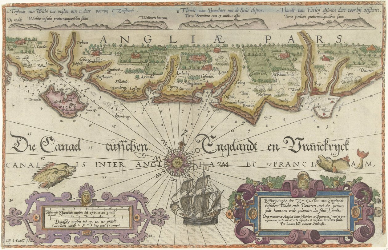 A Wight-sziget és Dover közötti angol tengerpart térképe Leíráshe der zee Custen van Engelandt Wicht ende Doueren között (...) (cím a tárgyon) alkotó: Joannes van Doetechum (I)