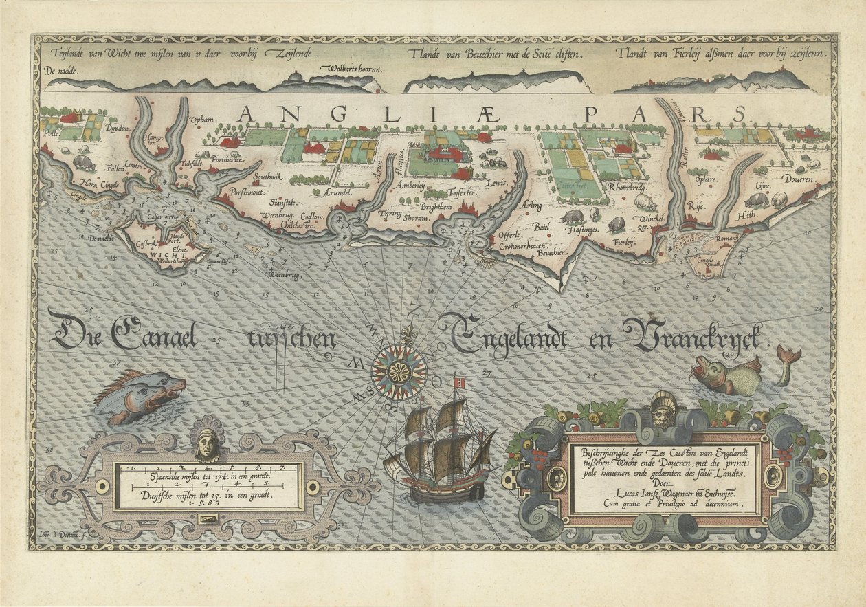 A dél-angliai partok térképe Wight-sziget és Dover között Leíráshe der Zee Custen van Englandt Wicht ende Doueren között (cím a tárgyon) alkotó: Joannes van Doetechum (I)