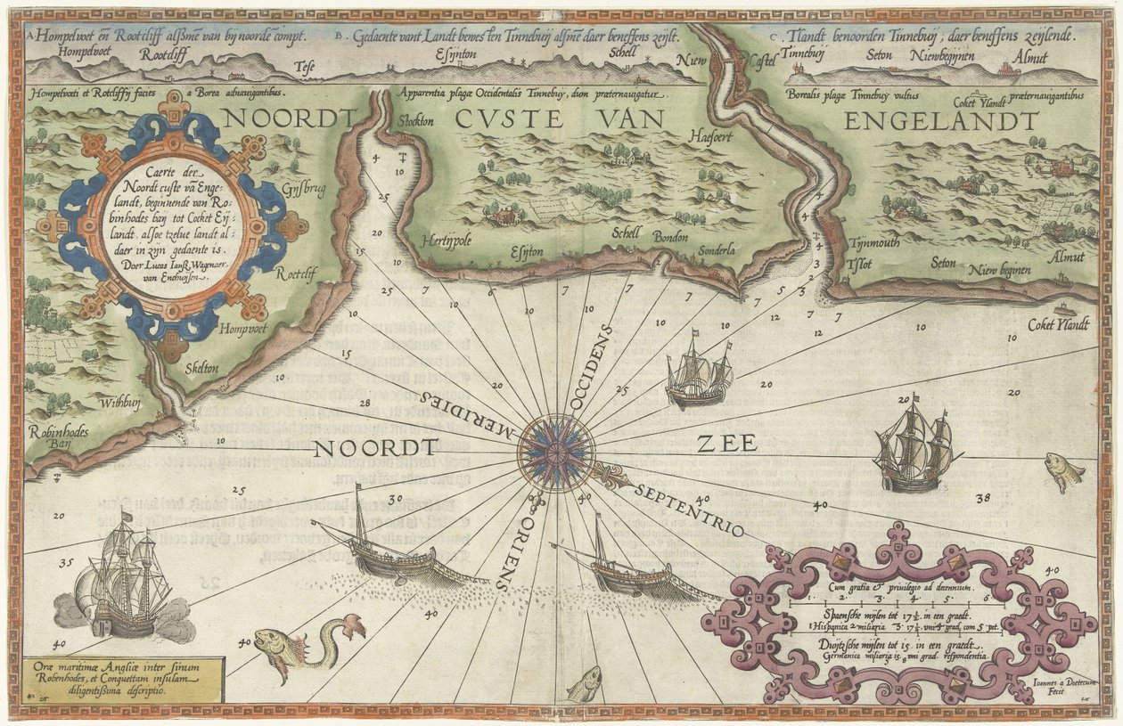 Anglia északi partjának térképe, Newcastle upon Tyne Caerte der Noordt custe van Englandt, Robinhodes baijtól Cocket Eijlandtig (...) (cím az objektumon) alkotó: Joannes van Doetechum (I)