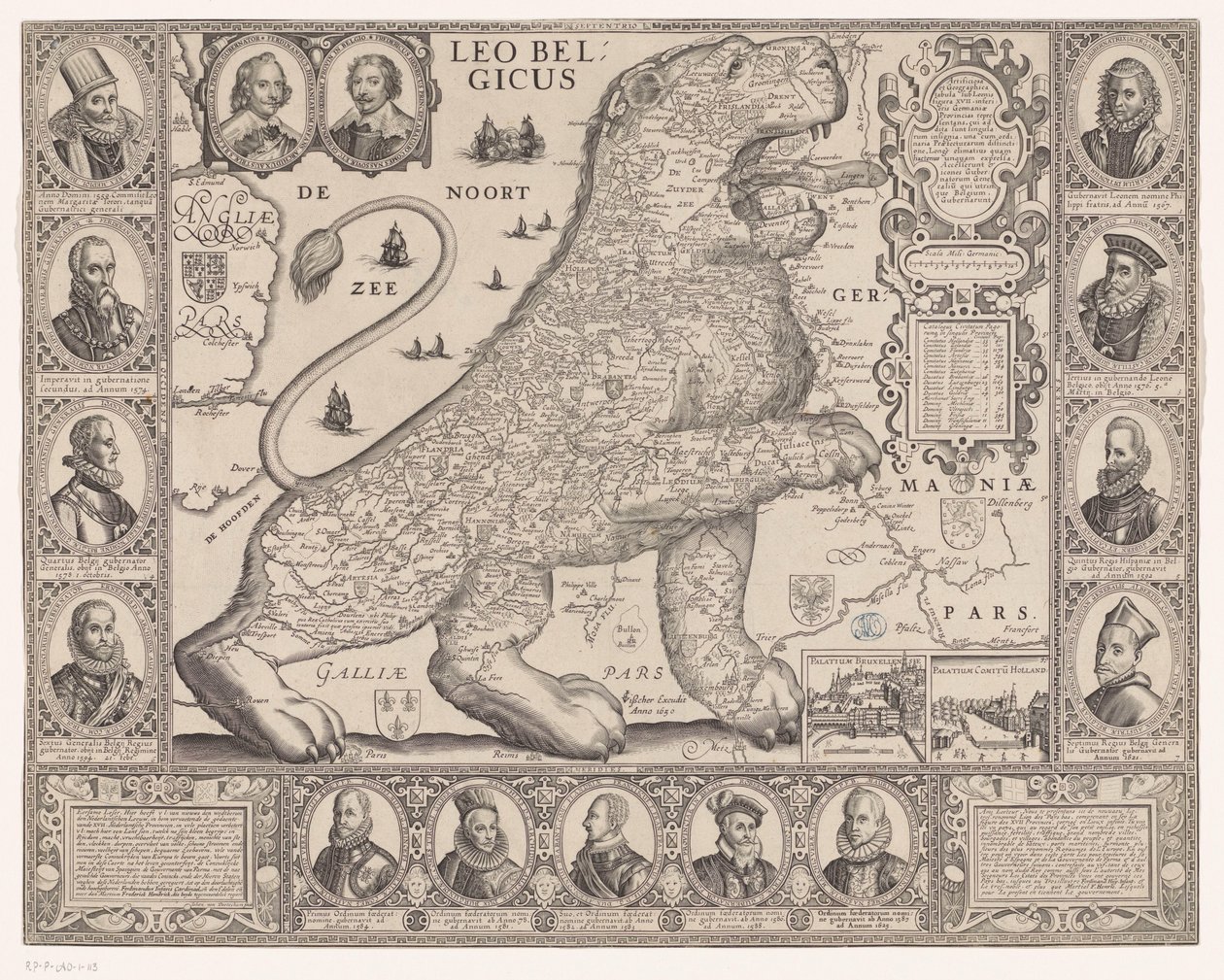 A tizenhét tartomány térképe a holland oroszlán alakjában Leo Belgicus (cím a tárgyon) alkotó: Joannes van Doetechum (II)