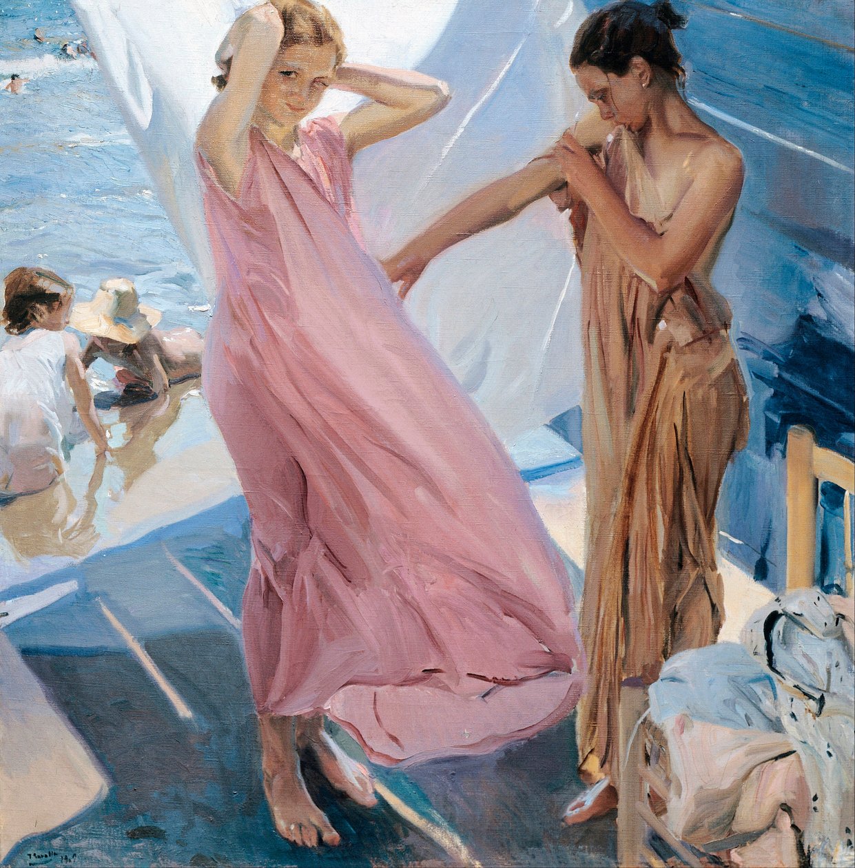 "Apres le bain" (A fürdő után) két fiatal lány átöltözik a tengerben fürdőzés után Joaquin Sorolla y Bastida festménye (1863-1923) - 1909 - Olaj, vászon - Museo Sorolla Madrid alkotó: Joaquin Sorolla y Bastida