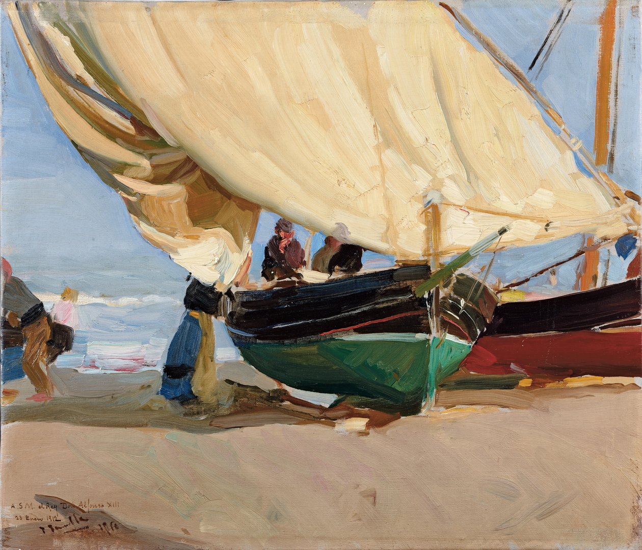 Fishermen, Stranded Boats, Valencia; Halászok, partra vetett csónakok, Valencia, alkotó: Joaquín Sorolla