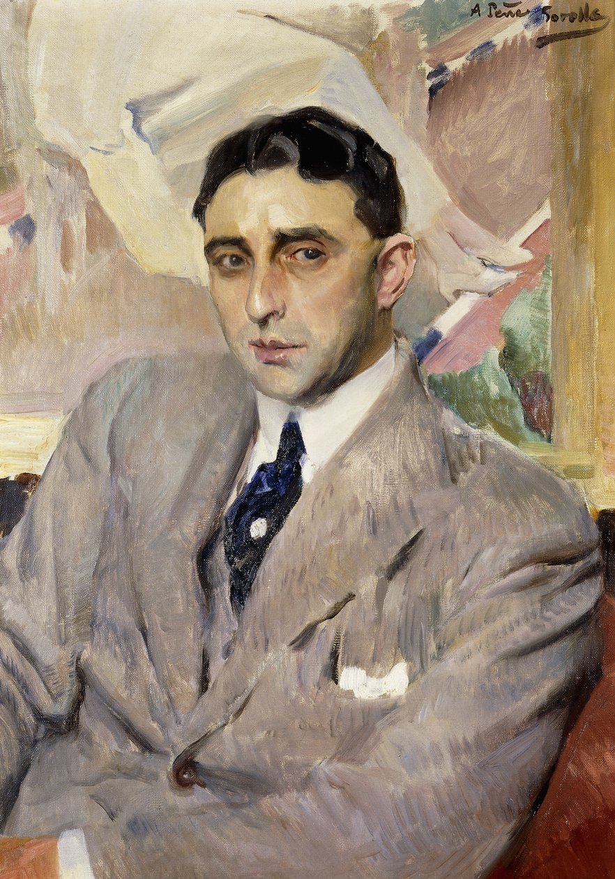 A színész, Ramon Pena portréja, félalakos, szürke öltönyben, alkotó: Joaquín Sorolla