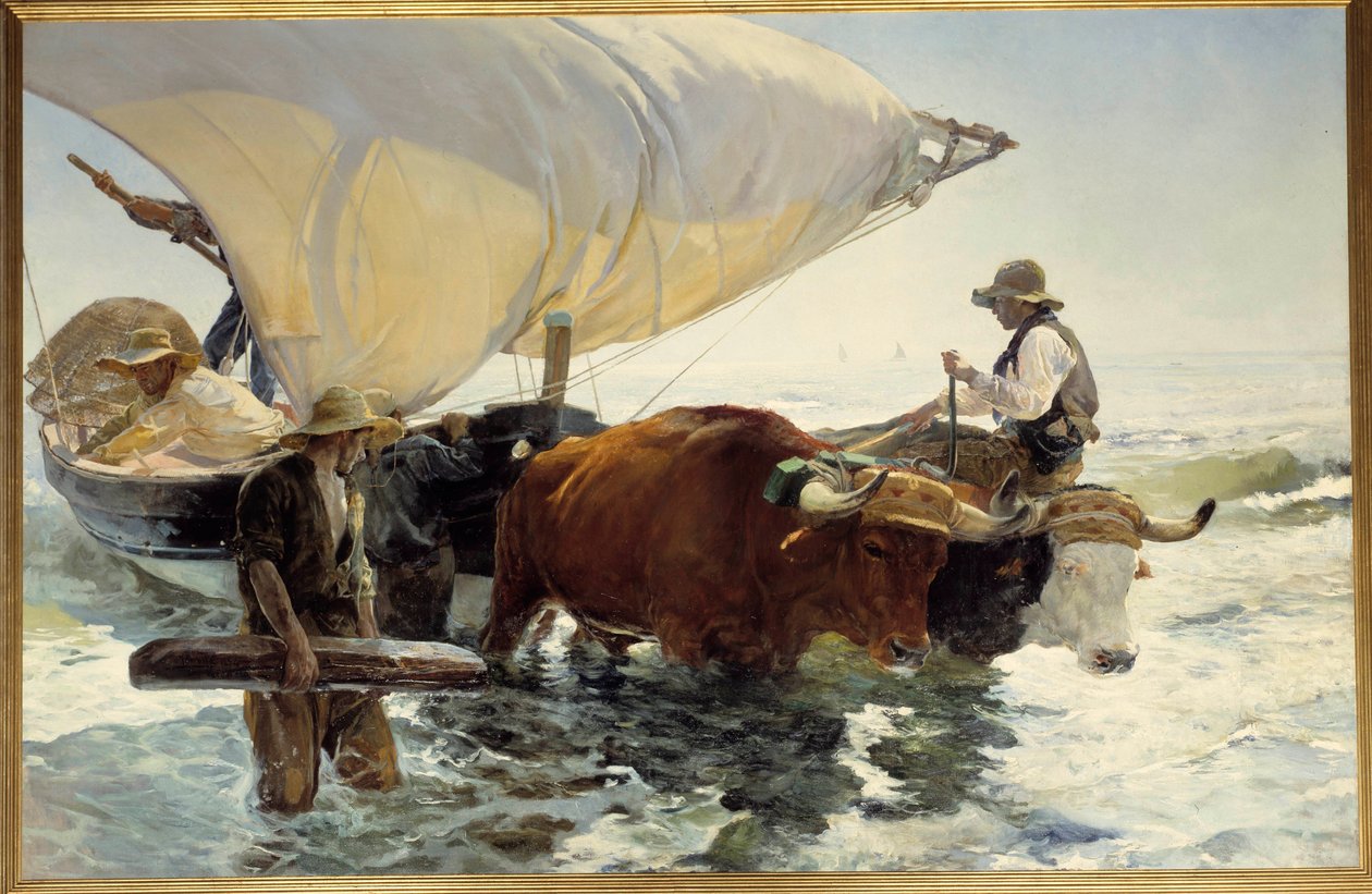 Visszatérés a horgászatról, a hajó vontatása Joaquin Sorolla y Bastida festménye (1863-1923) V. 2,6x3,2 m. 19. századi Párizs, Muse d