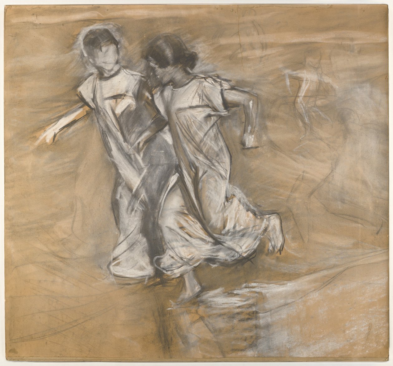 Untitled (Két lány fehérben futó karral) (szén, grafit és fehér pasztell) alkotó: Joaquín Sorolla