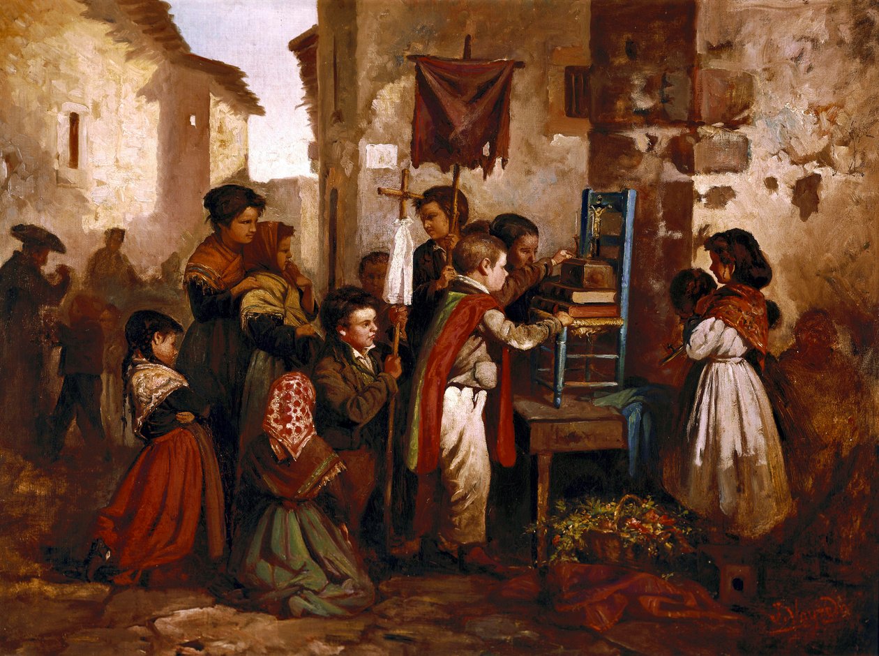 Gyerekek játszanak a vallási körmenetben, Joaquim Vayreda y Vila festménye alkotó: Joaquin Vayreda