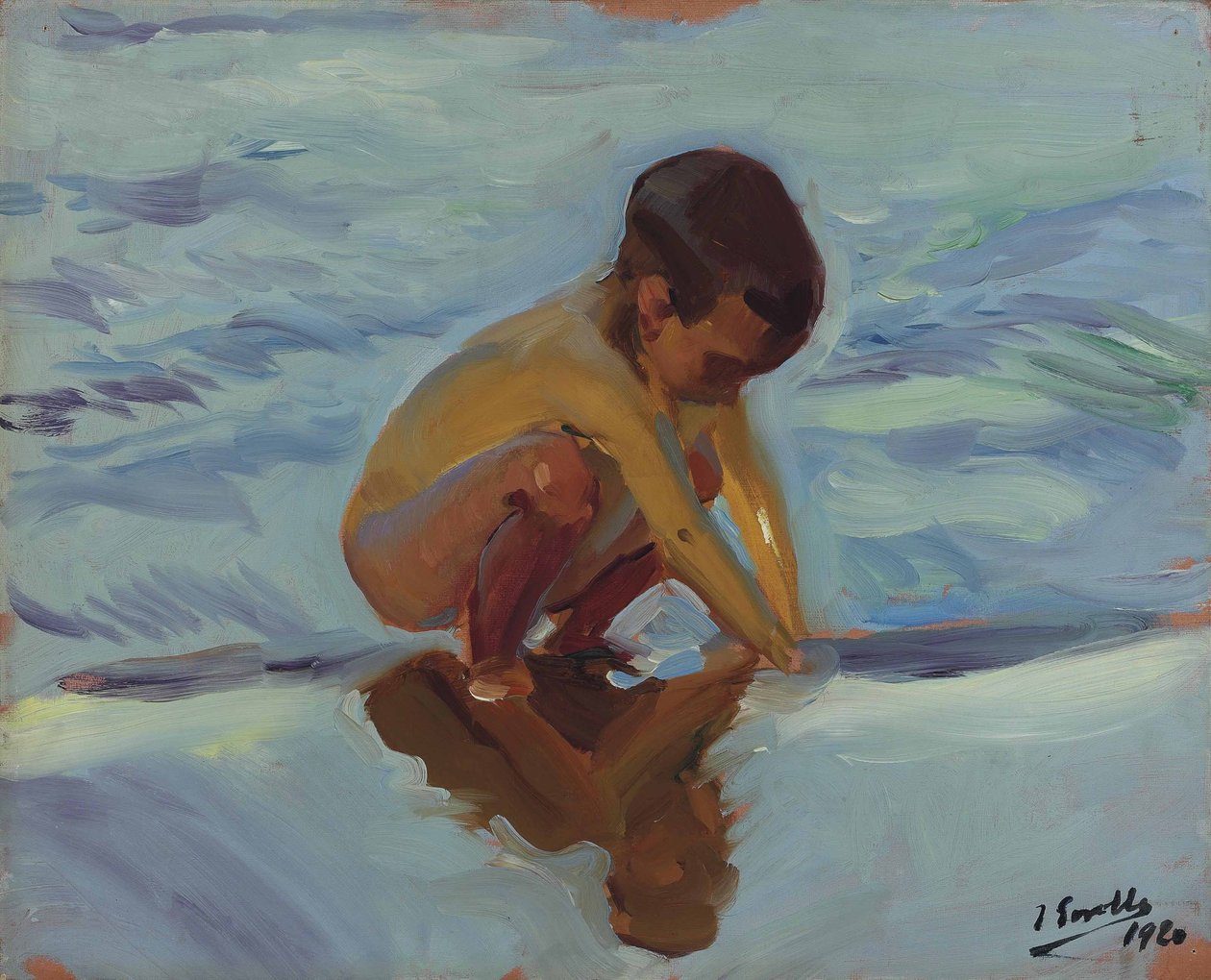 Háttérvilágítás a tengerparton, Boy kuporgott alkotó: Joaquín Sorolla