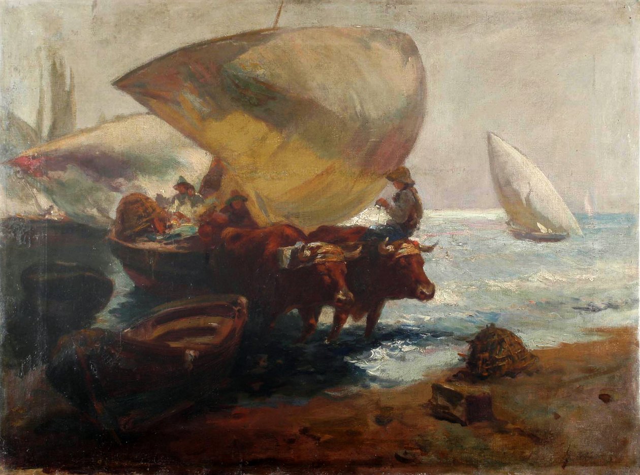 Strandjelenet figurákkal és bikákkal alkotó: Joaquín Sorolla