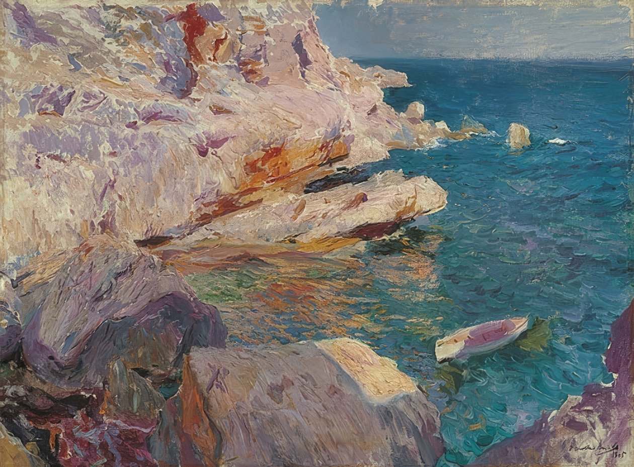 Jávea sziklák fehér csónakkal. 1905 alkotó: Joaquín Sorolla