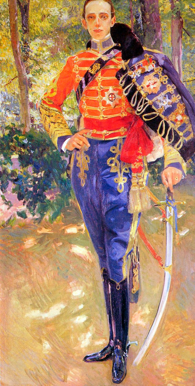 XIII. Alfonz király portréja huszáregyenruhában, 1907. alkotó: Joaquín Sorolla