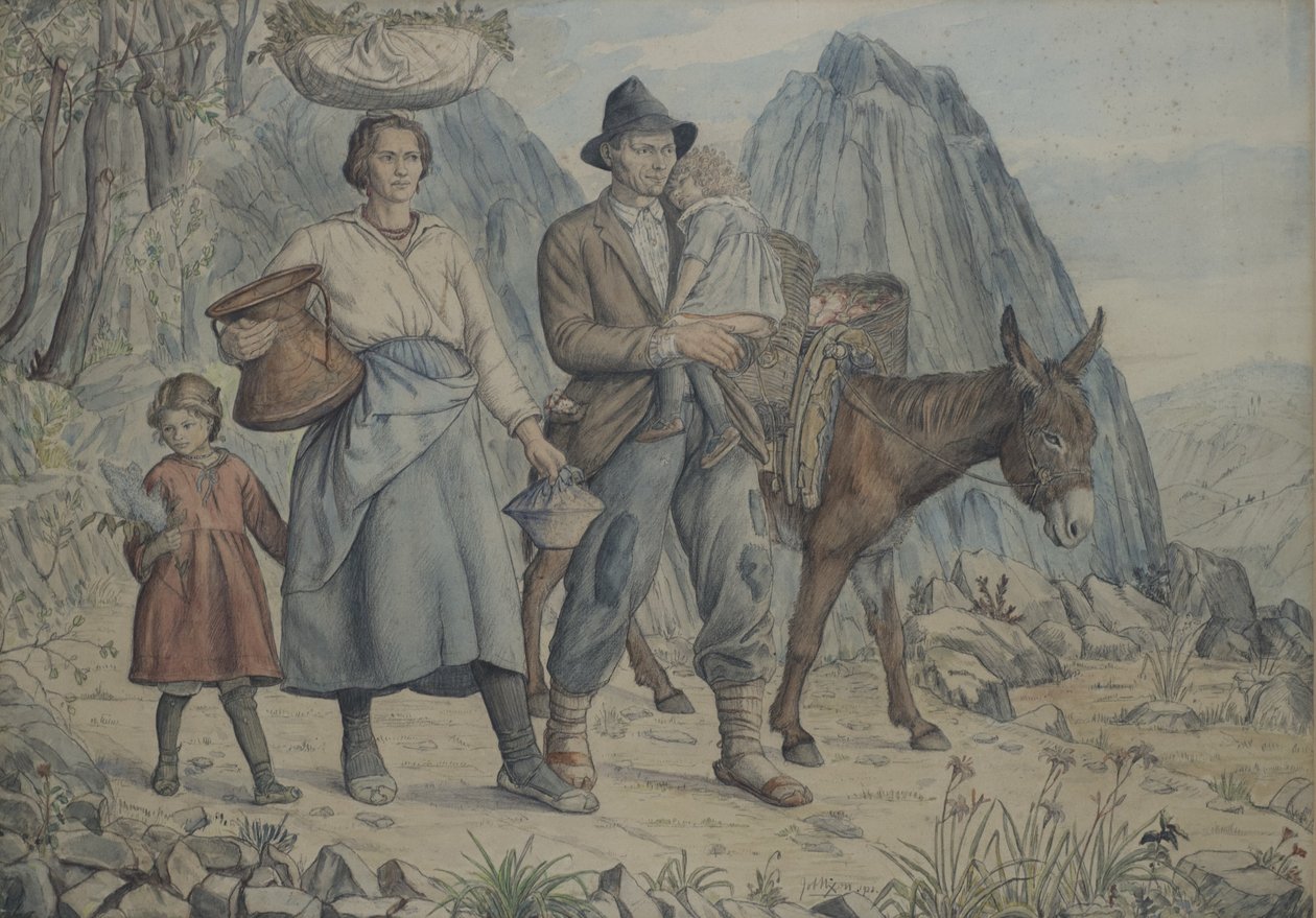 Egy család Anticoli Corrardóból, piacra megy, 1928 (wc tollal és tintával papíron) alkotó: Job Nixon