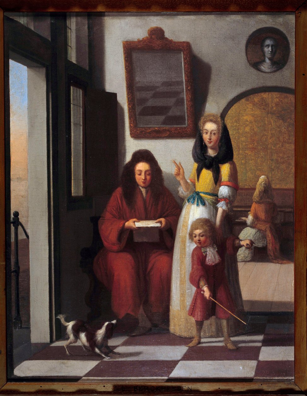 Műfaji jelenet Család egy belső térben. Az anya a fiát a kutyával játszik. Job Berckheyde (1630-1696) festménye, 17. századi Avignon, Calvet Múzeum alkotó: Job Berckheyde
