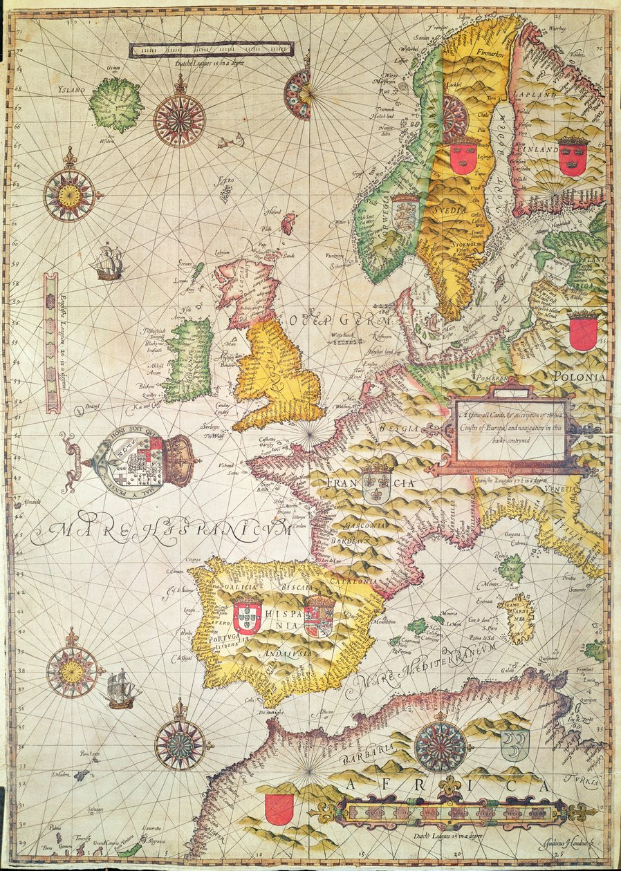 Az általános gondozás és leírás Európa tengeri partjairól és a navigációról ebben a könyvben (kézzel színezett gravírozás) alkotó: Jodocus Hondius