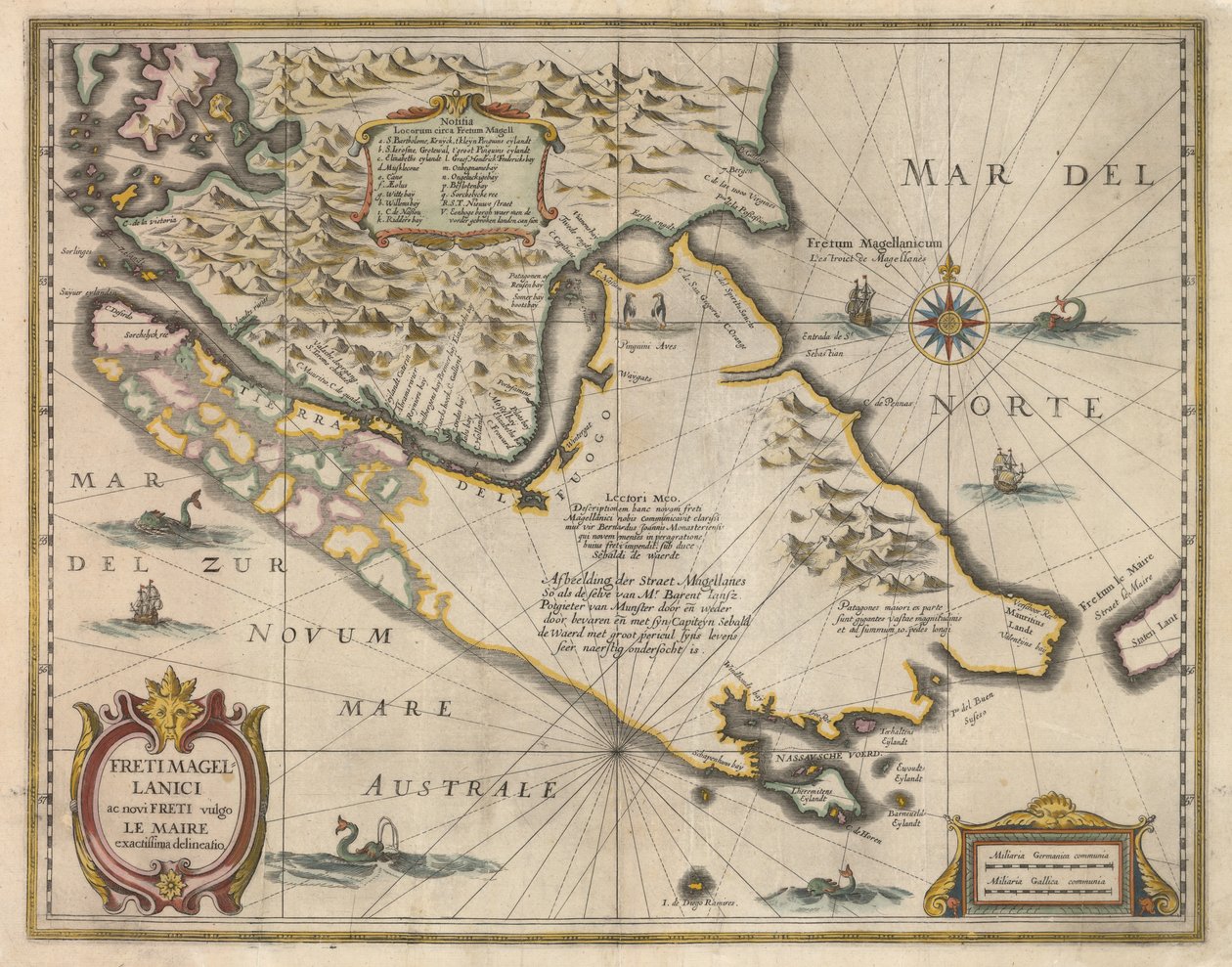 A Magellán-szoros és a Le Maire néven ismert új szorosok legpontosabb körvonala, 1630 körül alkotó: Jodocus Hondius