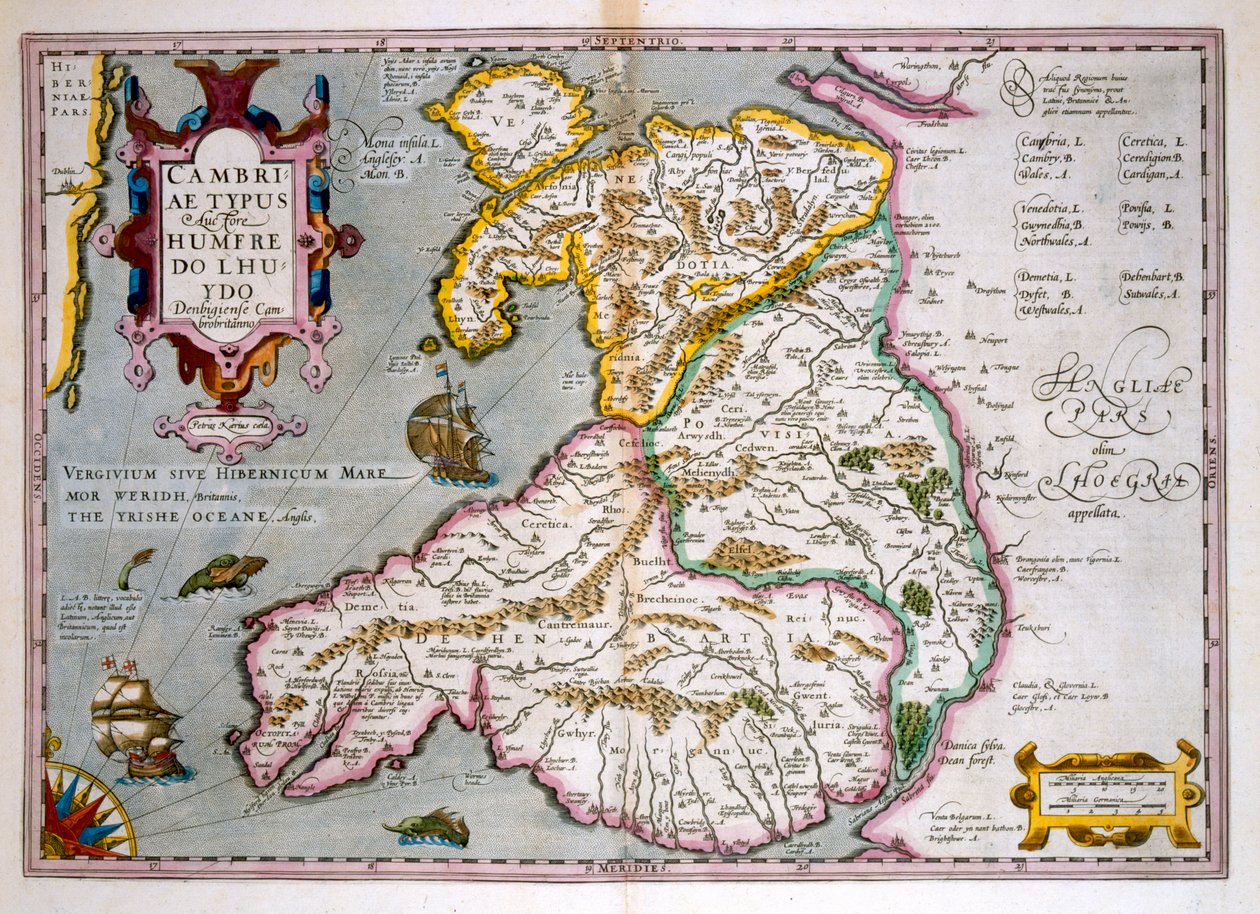 Wales térképe, megjelent 1630 körül (kézzel színezett metszet) alkotó: Jodocus Hondius