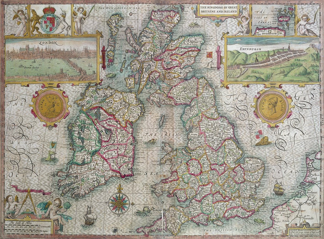 Nagy-Britannia és Ír Királyság térképe, 1610 (kézzel színezett metszet) alkotó: Jodocus Hondius