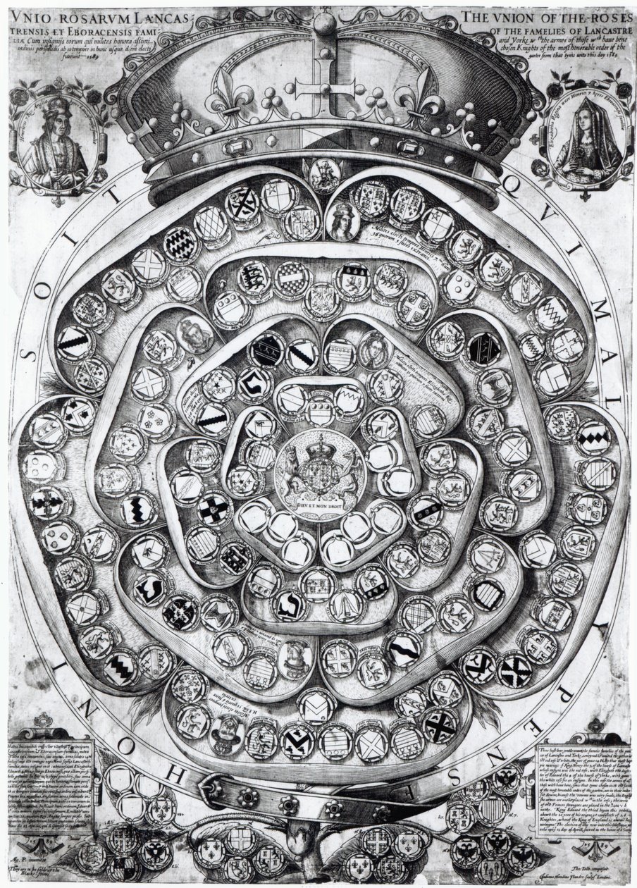 A Lancaster és a York családok rózsauniója, 1589 (lemezmetszet) alkotó: Jodocus Hondius