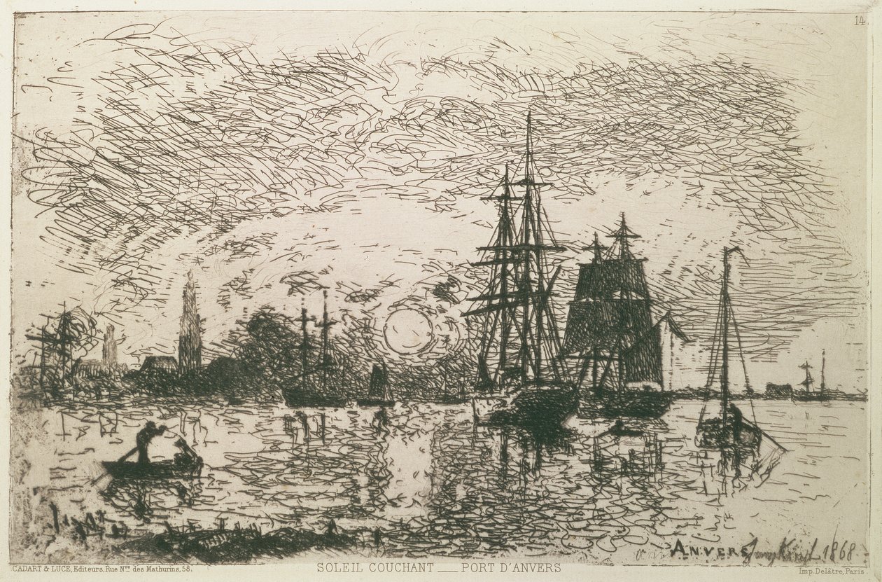 Lenyugvó nap, Antwerpen kikötője, 1868 alkotó: Johan Barthold Jongkind