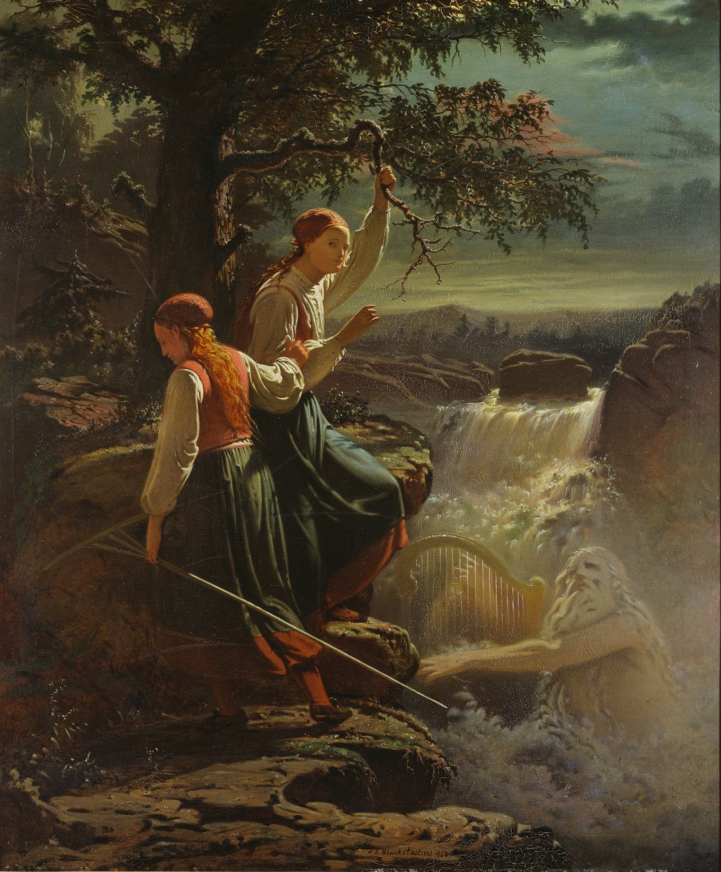 Két parasztlány, akik a vízi szellem játékát hallgatják, 1860 alkotó: Johan Blackstadius