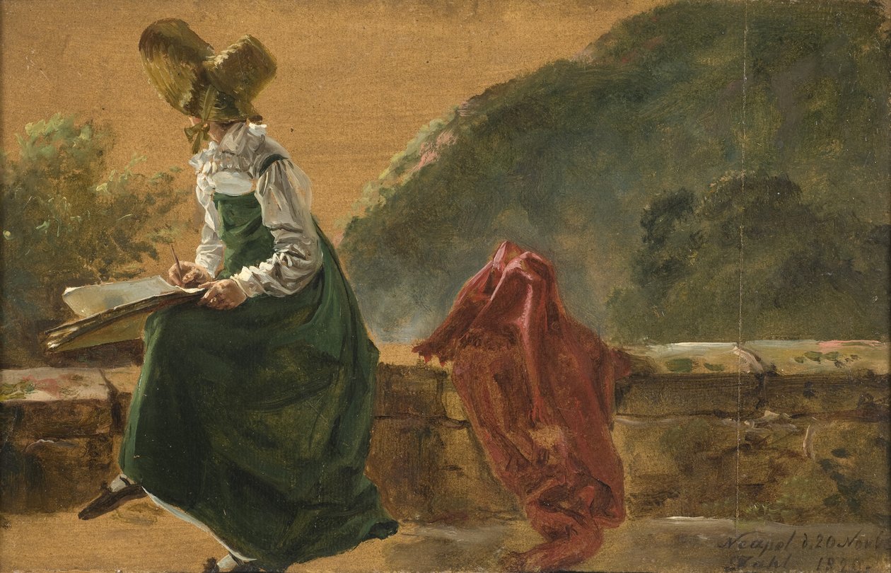 Caroline Amalie hercegnő vázlatokat készít Nápolyban. Tanulmány, 1820 (olaj, papír a táblára szerelve) alkotó: Johan Christian Dahl