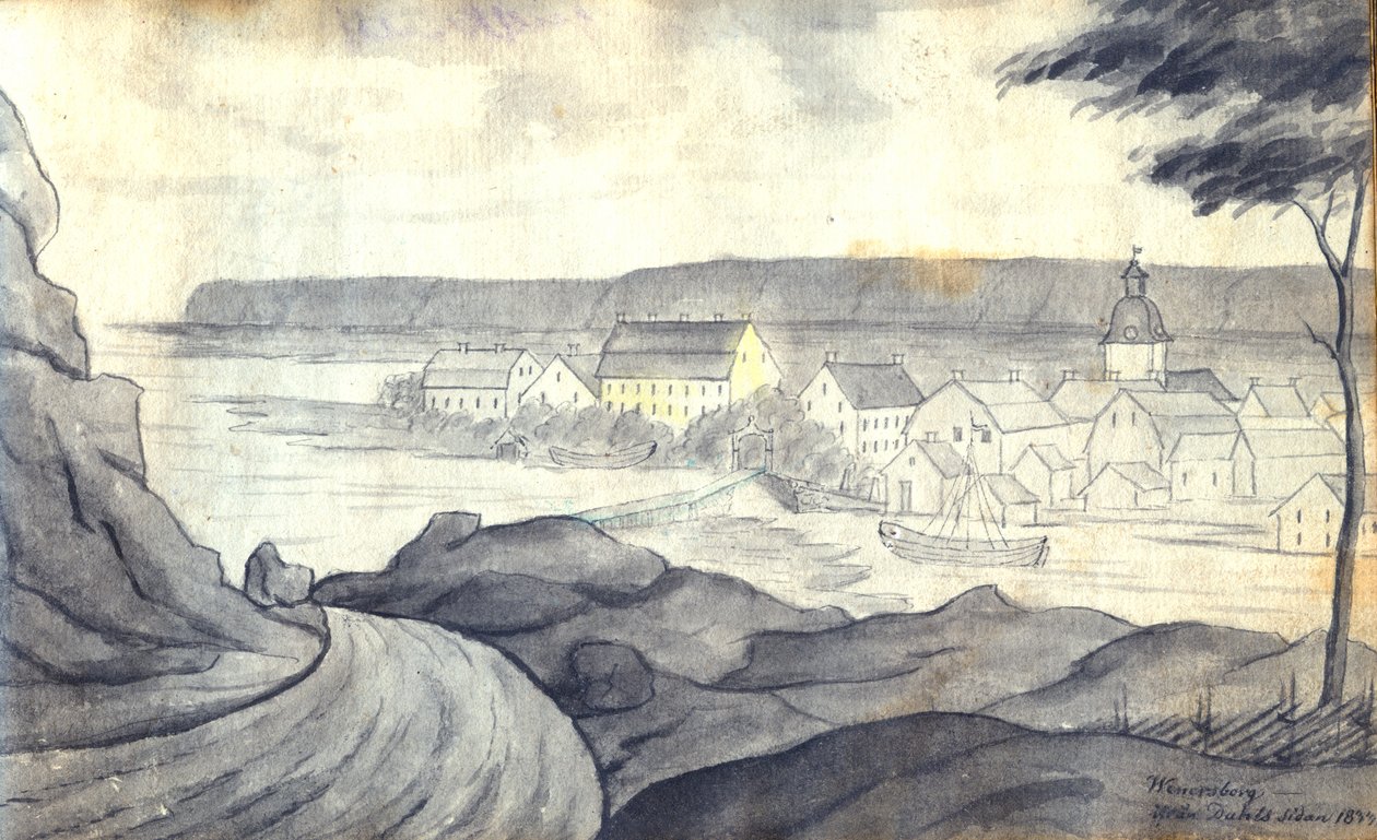 Svéd: Laveradi festékrajz Vänersborg látképére a Vänern -tó Dalsland felőli oldalán alkotó: Johan Gustaf Thun