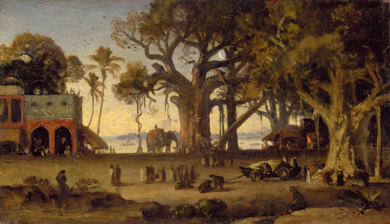 Holdfényes jelenet indiai alakokról és elefántokról Banyan fák között, Felső-India (valószínűleg Lucknow) (olaj indiai keményfa panelen) alkotó: Johan Joseph Zoffany