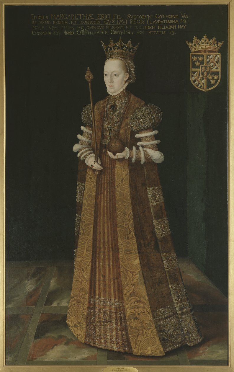 Marguerite Lejonhufvud, reine consort de Sweden, Seconde epouse Gustave I Vasa – Margit Leijonhufvud svéd királynő (1516-1551), készítette: Uther, Johan Baptista van (aktív 1562-1597). Olajfestmény. Mérete: 195x121 cm. Stockholmi Nemzeti Múzeum alkotó: Johan Baptista van (active 1562 1597) Uther