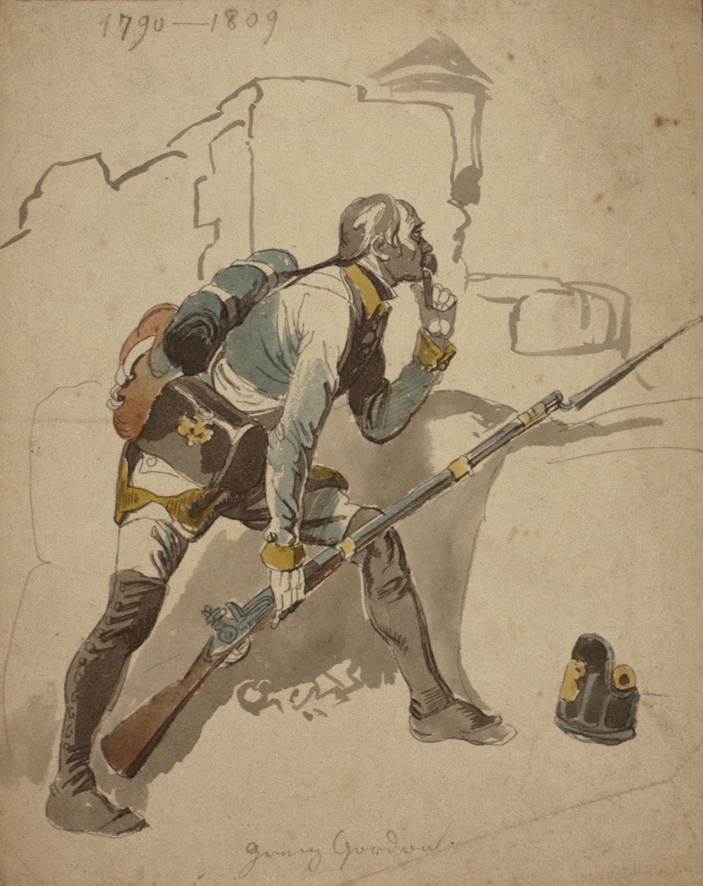 Egy közlegény gyalogság (valószínűleg 27. ezred, Hesse Cassell), 1790-1809 (akvarell) alkotó: Johan Baptiste Heinefetter