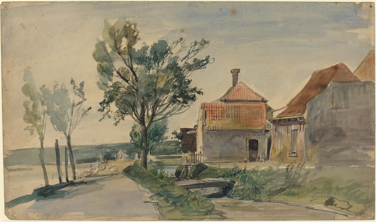 Házak és út között futó patak, 19. század vége. alkotó: Johan Barthold Jongkind