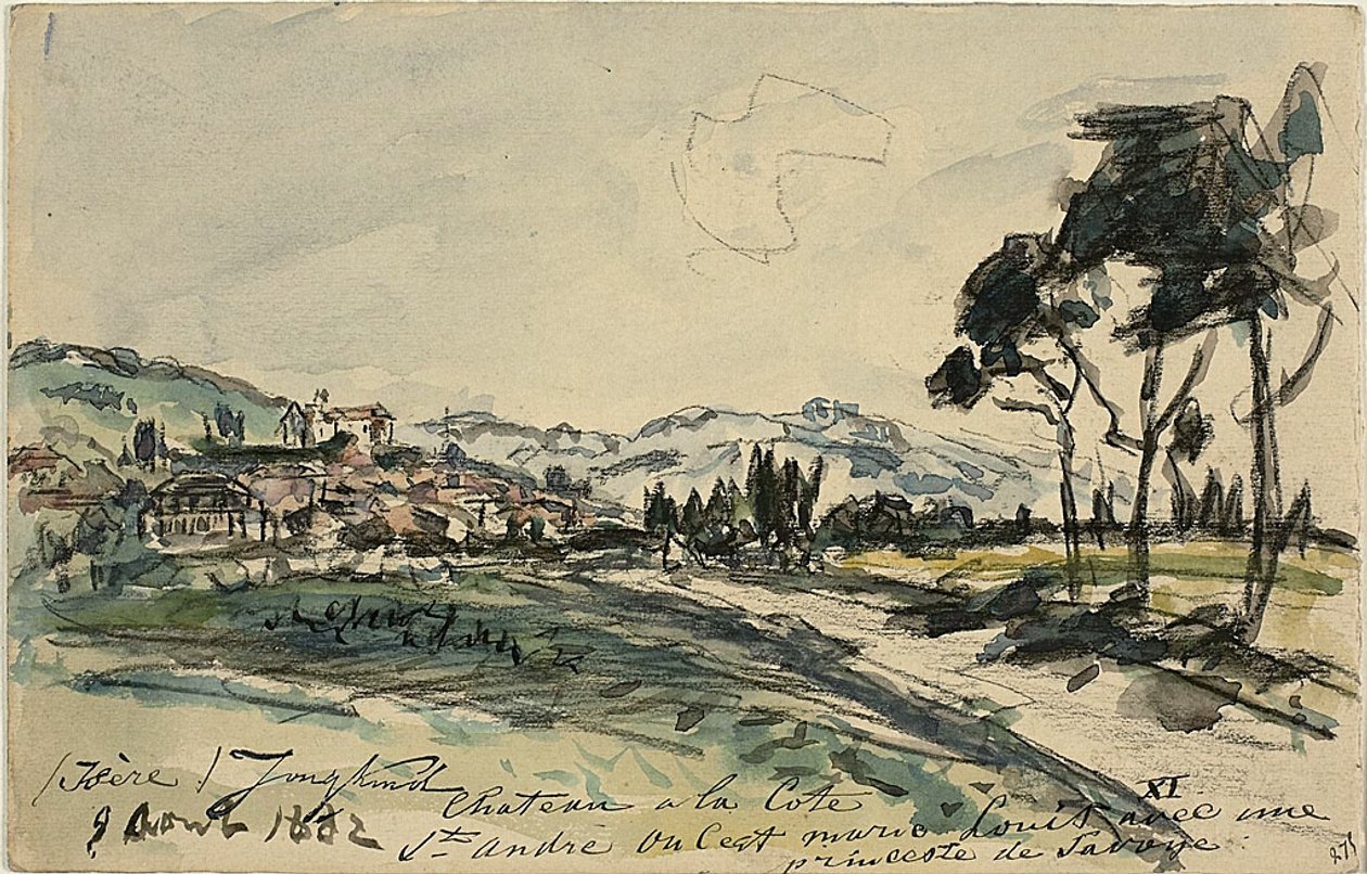 Chateau, Cote Saint Andre (recto) Üres szekér és fészer, egyéb vázlatokkal (verso) alkotó: Johan Barthold Jongkind