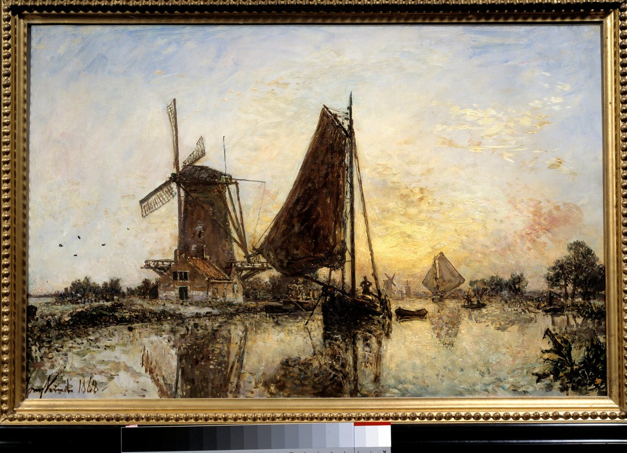 Holland táj, csónakok a malom közelében Jean Barthold Jongkind (1819-1891) festménye 1868 V. 0,52x0,81 m Párizs, Musee d
